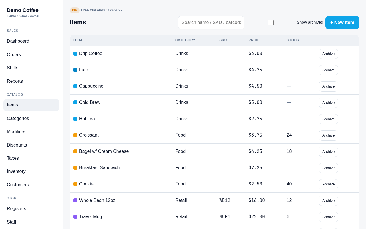 Flattill back office item list